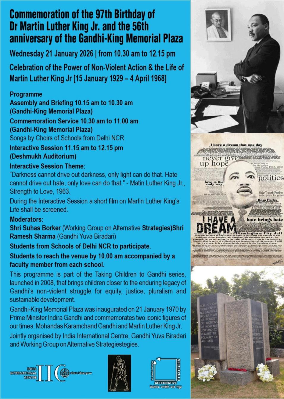 Commemoration of the 97th Birthday of Dr Martin Luther King Jr.  and the 56th anniversary of the Gandhi-King Memorial Plaza 